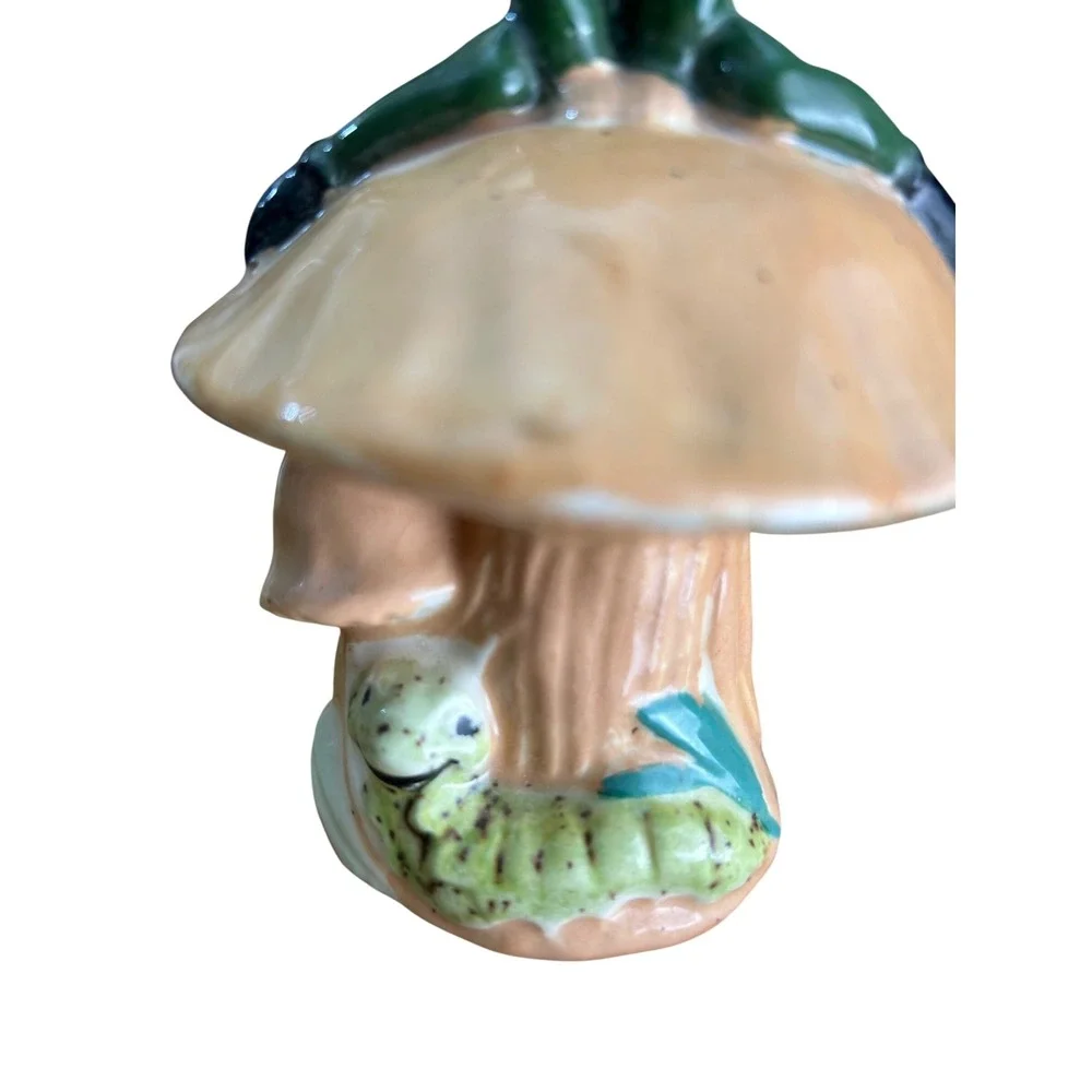 Vintage Ceramic‎ Elf Figurine Sitting on Mushroom with Caterpillar Decor - Picture 3 of 9